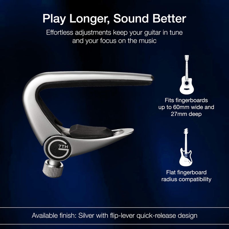 G7th Newport Guitar Capo, Classical Silver - 60mm Low-Profile, Easy to Use Flip Lever Guitar Capo with Fine-Tune Adjustment Knob, Safe Silicone Pads - Perfect for Classical & Flamenco Guitars - Image 3